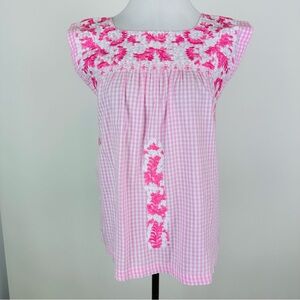 Pink and White Embroidered Women's Top